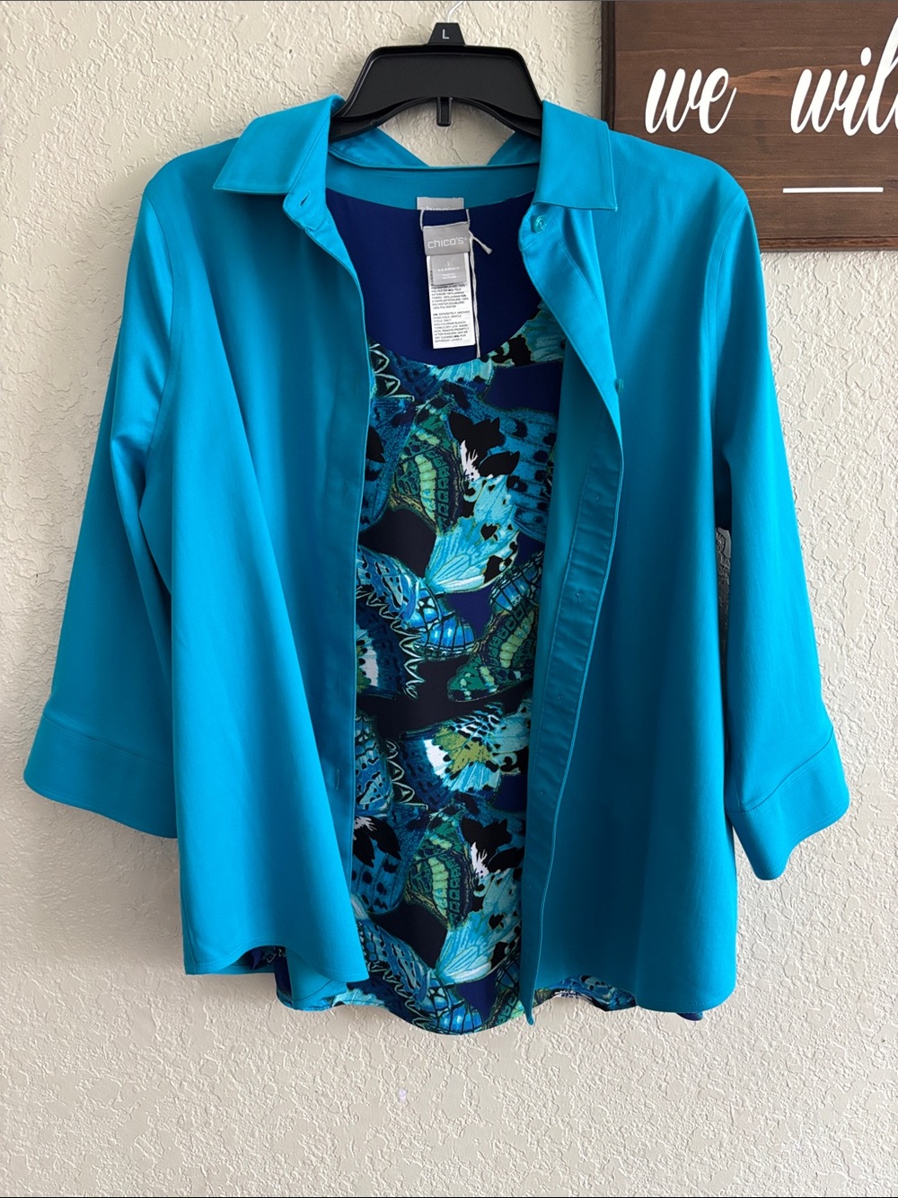 Chico's Turquoise Button-Front Jacket with Teal Butterfly Shell